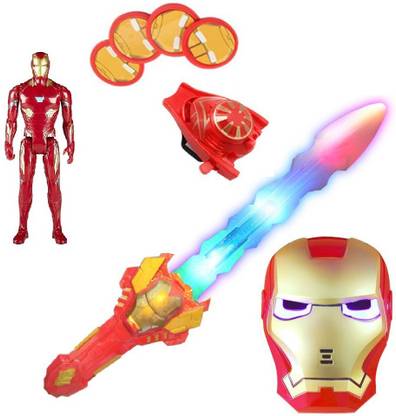 HALO NATION Ironman MASK & WEAPON SET SET OF 4 LIGHT AND SOUND SPIDER SWORD , MASK , FIGURE & DISC LAUNCHER BLASTER GUN TOY - Light and Sound Avenger Infinity War End Game Toy Set