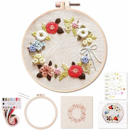 REHTRAD Embroidery Starter Kit with Pattern,Cross Stitch Set,Embroidery Kits with Plant Pattern, Bamboo Embroidery Hoop,Color Threads (Color 01)