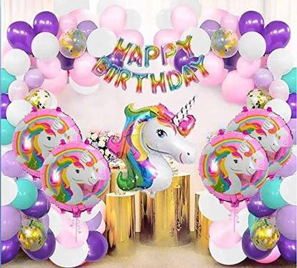 SV Traders Solid Unicorn Theme Birthday Decoration Total-103 Pcs-Happy Birthday Rainbow (13)+Multi Jumbo Unicorn(1)+Round Unicorn(4)+Golden Confetti (5)+Metallic Balloons Purple 20+Pink 20+White 20+Mint 20 Balloon