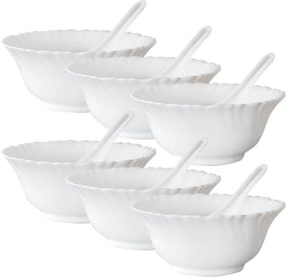 BOROSIL Opalware Soup Bowl Set of 6 Opal Glass Soup Serving Bowl with Spoon Microwave Dishwasher Safe - 300ml