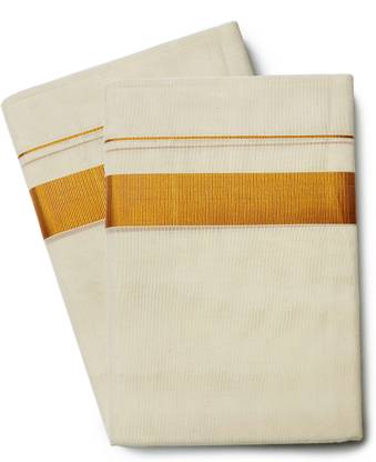 Chithra Fabrics 100% Cotton New Kerala Kasavu Mundu | 4.00'Meter | Pack Of 2 Self Design Men Dhoti