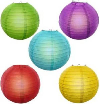 Just Flowers Flowers Hanging Lantern Rice Paper Ball Lamp Shade without Light (12inch, Mix Colour) - Pack of 5 Multicolor Paper Hanging Lantern