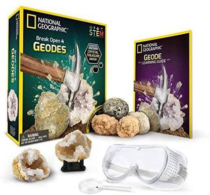 NATIONAL GEOGRAPHIC Break Open 4 Geodes Science Kit Includes Goggles, Detailed Learning Guide And Display Standgreat Stem Science Gi