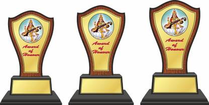 DELTA (Pack of 3) Sarswati g Logo With Wooden Memento & Wooden Base. For Corporate, School, Function Wooden Trophy(W-501) Trophy