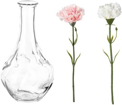 IKEA Vase, Clear Glass, with Artificial Flower, Carnation/White/Pink Glass Vase