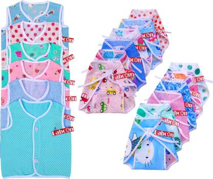 Babcon New Born Baby Regular Home Essential Combo Pack Of Zhabla (6 Piece) and Nappy (Langot) (12 Piece), Cotton Soft Fabric, 0 to 6 Months, Random Design and Print