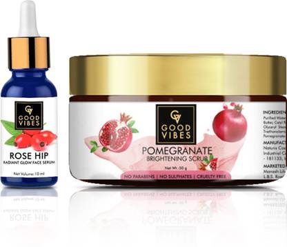 GOOD VIBES Radiant Glow Face Serum - Rose Hip + Brightening Face Scrub - Pomegranate