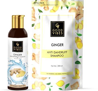 GOOD VIBES Anti Dandruff Shampoo Combo - Ginger (200 ml Bottle + 200 ml Pouch)