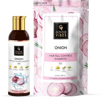 GOOD VIBES Hair Fall Shampoo Combo - Onion (200 ml Bottle + 200 ml Pouch)