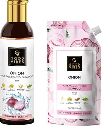 GOOD VIBES Onion Hair Fall Control Shampoo Super Saver Combo (200 + 750 ml Refill Pack)