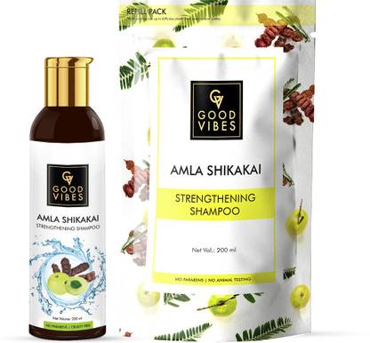 GOOD VIBES Strengthening Amla Shikakai shampoo Combo (200 ml Bottle + 200 ml Pouch)