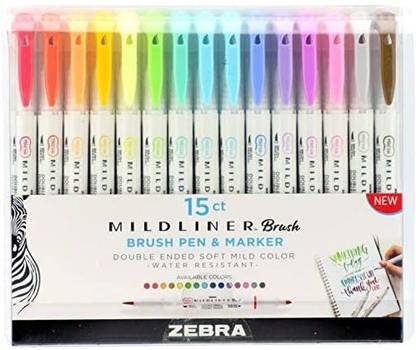Zebra Pen Mildliner Double Ended Brush And Fine Tip Pen Colors, 15-Count