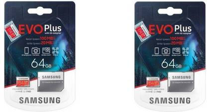 SAMSUNG Pack of 2 64GB MB-MC64HA/IN Memory Card EVO Plus 64 GB Memory Stick XC Class 10 100 MB/s  Memory Card Compatible with Gaming Console, Camera, Tablet, Mobile, Computer