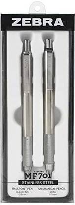 Zebra Pen M/F 701 Stainless Steel Mechanical Pencil And Ballpoint Pen Set, Fine Point, 0.7Mm Hb Lead And 0.8Mm Black Ink, 2- Pencil