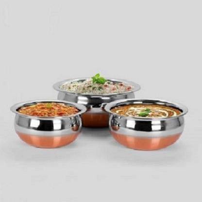 Friends Club Stainless Steel Copper Bottom Cooking Handi Set Of 3 Pcs Fancy Kitchenware Rasoi Bartan / Cooking Bowl / Handi Set / Cookware Set / Serving Combo / Dinning Ware / Bowl Set / Tope / Patila / Tapeli Set  Handi 0.3 L, 0.8 L, 1.3 L