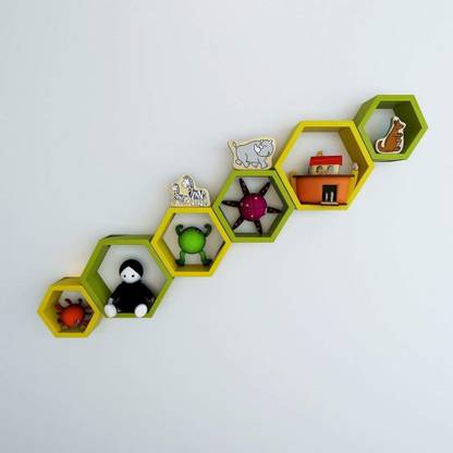 Craftkings Hexagon Shape Wall Shelves/Wall Rack/Wall Shelf for Home Decor YELLOW GREEN MDF (Medium Density Fiber), Wooden Wall Shelf