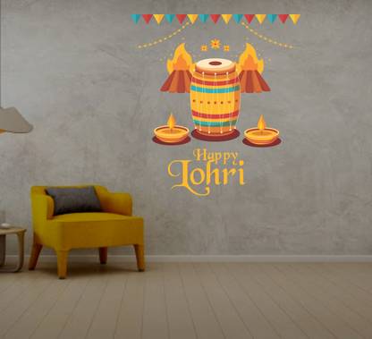 Decoration Stickers 76 cm Happy Lohri Wall Sticker ( PVC Vinyl, 76 X 71 ) Self Adhesive Sticker
