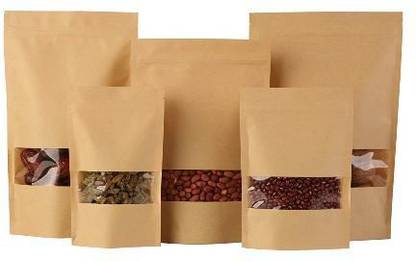 KCL Kraft Paper Stand up Pouches with Rectangle Transparent window- Dimension - 4*6 Inches - Capacity - 100 Gms - Brown Color (With Ziplock) - Pack of 100 Pc Paper Storage Pouch