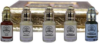 ASHTAAROMAS Oud, Magnet, Chariot, Lavender and Firdaus Perfume Attar Combo of 5 in Unique Attardani 7ml Each Floral Attar