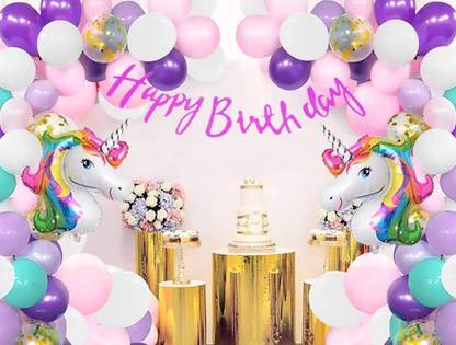 SV Traders Unicorn Theme Birthday Decoration Girls/Boys Total-85 Pcs-Pink Cursive Banner(13)+MultiColor Jumbo Unicorn(2)+Gold Confetti Balloon(5)+Metallic Balloons Purple 15+Pink 15+White 15+Mint 20