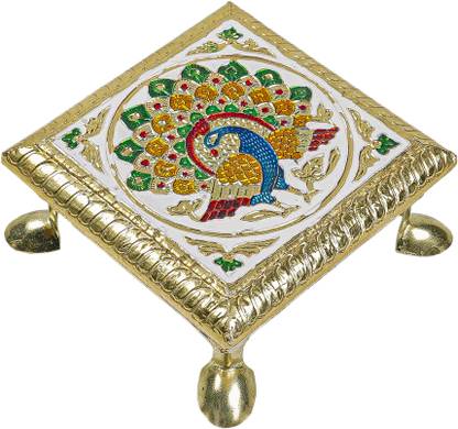 KriSatya White Peacock 5X5 Wooden All Purpose Chowki