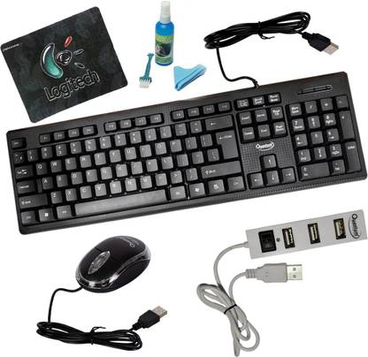 QUANTUM QHM 7406 WIRED KEYBOARD + QHM 222 WIRED MOUSE + QHM 6660 WHITE 4 PORT USB HUB WITH CLEANING KIT AND MOUSE PAD Combo Set