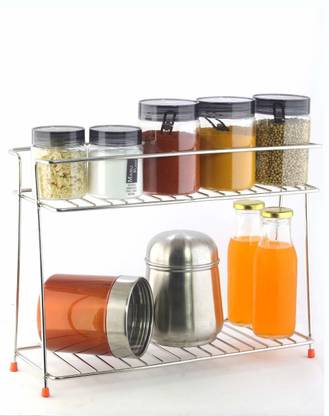 FYG ENTERPRISE Fruits/Vegetables Kitchen Rack Steel Stainless Steel Spice 2-Tier Trolley Container Organizer/Basket for Boxes Utensils Dishes Plates for Home (Multipurpose Kitchen Storage Shelf Shelves Holder Stand Rack) Utensil Kitchen Rack (Steel)