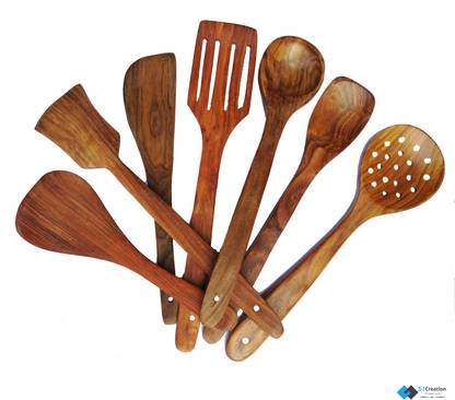S.I Creation Handicraft Natural(No Fake Color) Wooden spoon/ Kitchen Cooking spoon/Non Stick Serving Set of 7, 28CM | 2 Frying|1 Serving|1 Spatula|1 Chapati Spoon|1 Desert|1 Rice/cooking spoon Kitchen Tool Set