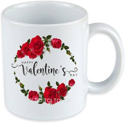 THE CLICK INDIA Happy Valentine's day Flowers Printed for Valentines Day Gift, Tea and Coffee Ceramic Coffee (330 ML) Ceramic Coffee Mug