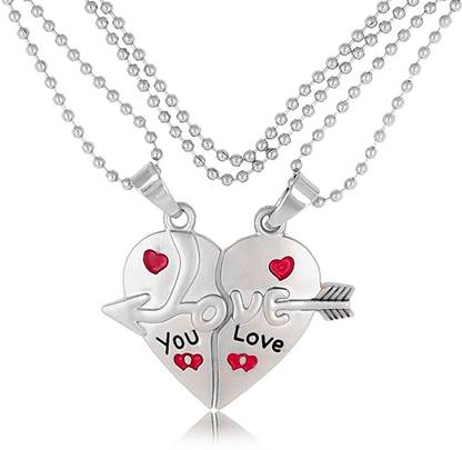 Jewelopia Heart Locket Silver Plated Love You Couple Pendant Set Silver Alloy Pendant