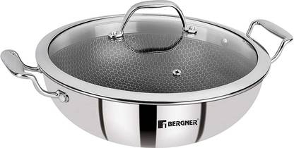 BERGNER Triply Stainless Steel Scratch Resistant Non Stick Kadhai With Glass Lid Wok Set with Lid 2.5 L capacity 24 cm diameter