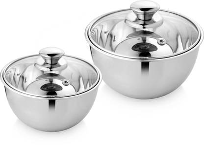 URBAN SPOON Stainless Steel Double Wall U Shape Serving Bowl PU Insulated - 2 Pc 16 cm - 700 Ml | 18 cm - 1100 Ml. Bowl Serving Set