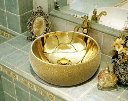 KUDOS Designer Ceramic Wash Basin,Luxury Collection,Countertop,Tabletop Over or Above Counter Top Wash Basin for Bathroom Sink/Basin Golden Outside Leather Work Table Top Basin