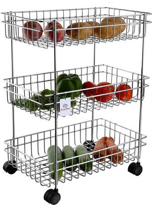 Heart Home Fruits/Vegetables Kitchen Rack Steel Deluxe 3-Layer Stainless Steel Multipurpose Storage Rack/Shelf, Kitchen Rack With Wheels (Silver)