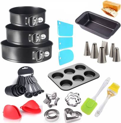 H&M Store Baking Combo of 2Pcs Oven Gloves, 3Pcs Round Cake Tins-18cms,20cms & 22cms,6 Slot Muffin Tray, Measuring Cups,Brush,Spatula,Bread Loaf,Cookie Cutter,Cake Scrapper,Nozzles Kitchen Tool Set