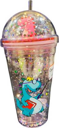 Azotique Pink Glitter Dinosaur Frosty Mason Sipper Glass with Straw for All Kinds of Drinks (650ML) Glass Mason Jar