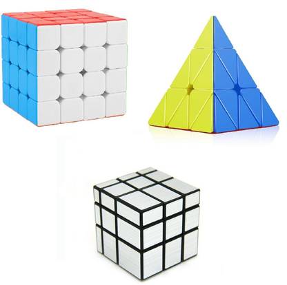 vworld 4x4x4x4, Pyramid Triangle And 3x3 Silver Mirror Magic Puzzle Cube (3 Pieces)