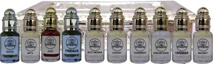 ASHTAAROMAS Khus, Mitti, Oud, Firdaus, Butt Mogra, Cherry, Chariot, Dream Rose, Lavender and Magnet Perfume Attar Combo of 10 in Unique Attardani 7ml Each Floral Attar