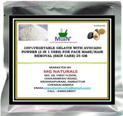 MGBN 100% VEGETABLE GELATIN WITH AVOCADO POWDER (2 IN 1 USES) FOR FACE MASK/HAIR REMOVAL (SKIN CARE) 25 GM