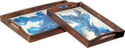 RESIN ART Serving Trays, Set of 2 Wooden Trays for Coffee Table, Decorative Nested Food Tray for Kitchen Party Dinner Snack Tray