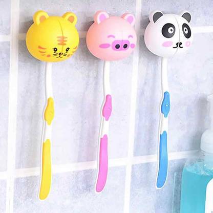 Newvent Toothbrush Holder with Wall Holder and Funny Animal Print ( pack Of 3 ) Plastic Toothbrush Holder