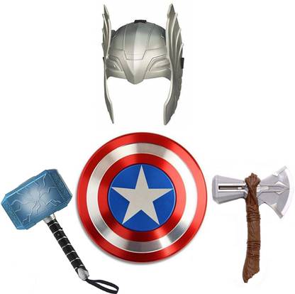 HALO NATION Set of 4 Avenger Toys Weapon - Captain Shield & TH0R Mask , Mjolnir Hammer + Storm Breaker Axe Toy - End Game Superhero Avenger Toy Set with Light and Sound Maces & Swords