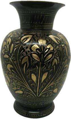 METALCRAFTS Brass Flower Pot, carving work, black color, round shape Brass Vase