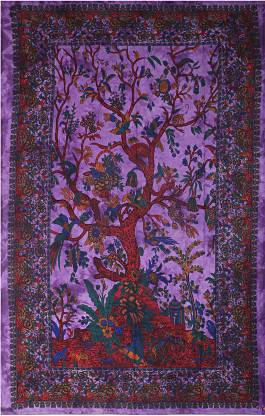 prerit collections 100% Pure cotton Tree of Life hand screen Printed Tie & Dye Purple colour Single Bed Sheet Table Cloth Wall Hanging Curtain Tapestry Animals/Birds/Nature Tapestry