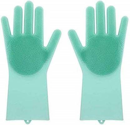 TRENDBIT Reusable Rubber Silicon Household Safety Wash Scrubber Heat Resistant Kitchen Gloves for Dish washing, Cleaning, Gardening Wet and Dry Glove hand gloves for kitchen (multicolour) ( pack of 1 set) Wet and Dry Glove Set