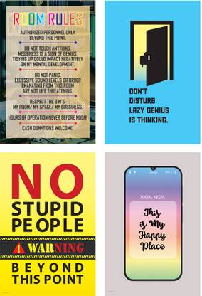 Humor Quotes Poster Room Rules, No Stupid People beyond this Point, Dont Disturb, Happy Place (Pack of 04) Paper Print