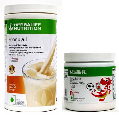 HERBALIFE Formula 1 Nutritional Shake Mix Banana Caramel 500 gm With Dinoshake - Strawberry Plant-Based Protein