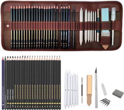 Definite Art 35 Pieces Professional Sketching and Drawing Art Tool Kit; Graphite Pencils- 14B, 12B, 10B, 8B, 7B, 6B, 5B, 4B, 3B, 2B, B, H, HB, 2H, 3H, 4H, 5H, 6H and 7H (19 Pencils); Charcoal Pencils - Hard, Medium and Soft (3 Pencils); 1 Woodless Graphite Pencil- 6B and 1 Sketch Eraser Pencil (Pack of 24), 6 X Paper Art Blending Stumps, 1 X 13cm Pencil Extender, 1 X Sandpaper Strip and 1 X Kneadable Eraser, 1 X Detail Hobby Knife (5 Extra Blades) and 1 Canvas Rolling Pouch