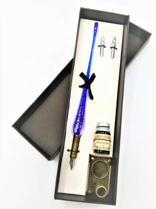 Ikshu Glass Dip Fountain Pen Ink Holder With Ink Stand And Pen Stand Set 1 Pcs(Blue) Calligraphy