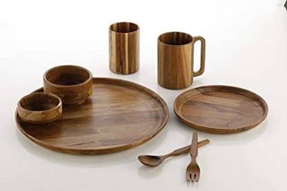 SRDK PRODUCTS Teak Wood dinner set (2 plates, 2 bowl, 1 spoon, 1 fork, 1 coffee mug, 1 glass Bowl, Spoon, Plate, Cup, Glass Serving Set